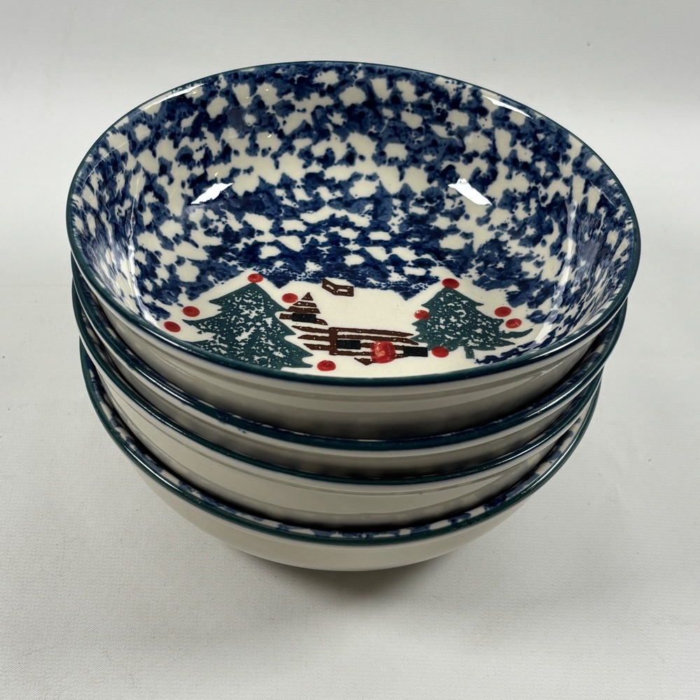 Folk Craft Cabin in the Snow Cereal Soup Bowl Set of 4 Blue Sponge Tienshan